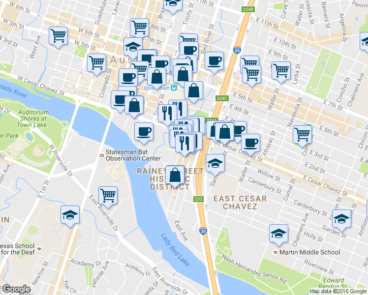 map of restaurants, bars, coffee shops, grocery stores, and more near 604 Driskill Street in Austin