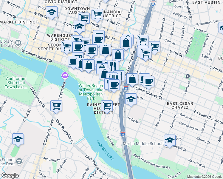 map of restaurants, bars, coffee shops, grocery stores, and more near 604 Driskill Street in Austin
