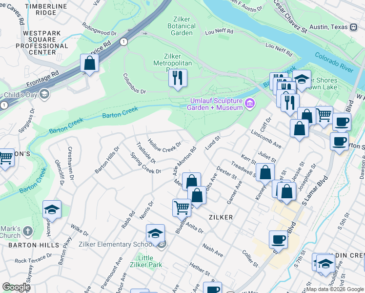 map of restaurants, bars, coffee shops, grocery stores, and more near 1100 Barton Hills Drive in Austin