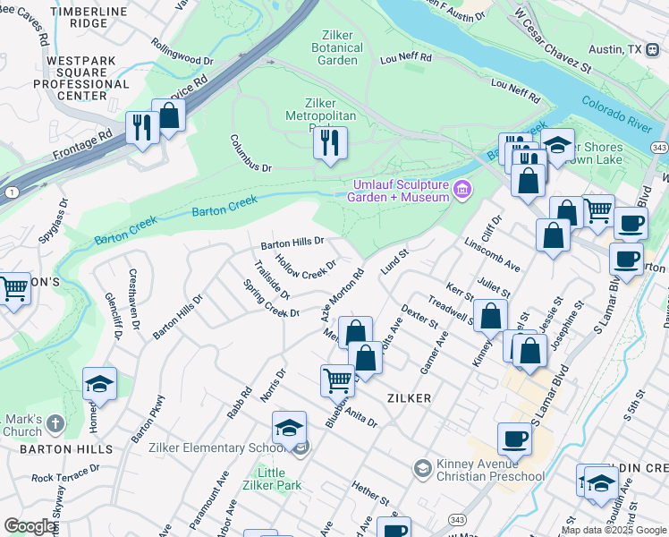 map of restaurants, bars, coffee shops, grocery stores, and more near 1135 Barton Hills Drive in Austin