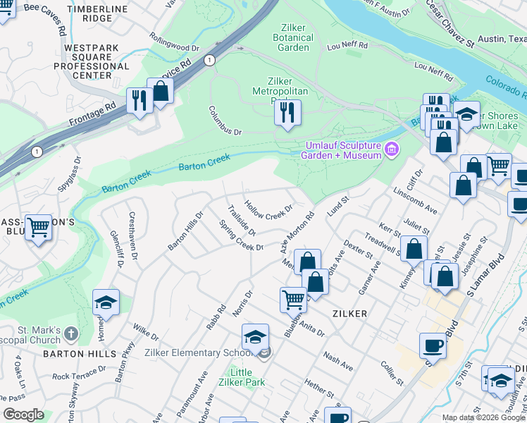 map of restaurants, bars, coffee shops, grocery stores, and more near 1300 Hollow Creek Drive in Austin