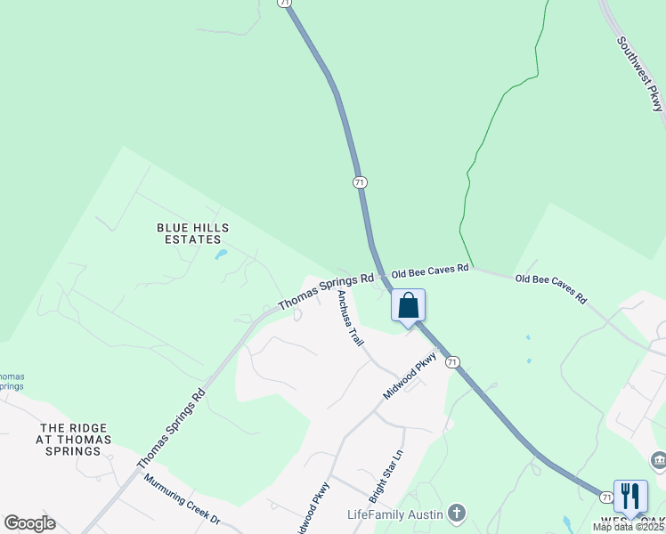 map of restaurants, bars, coffee shops, grocery stores, and more near 6316 Thomas Springs Road in Austin