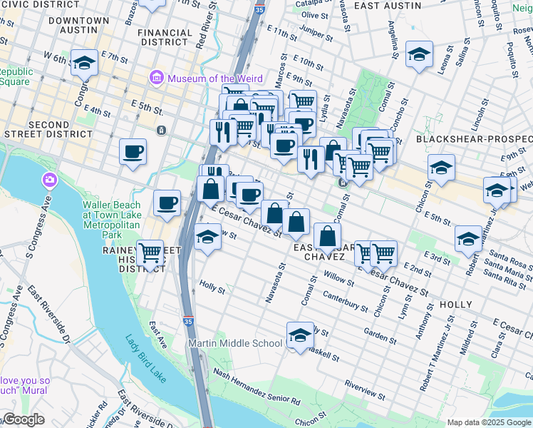 map of restaurants, bars, coffee shops, grocery stores, and more near 1106 East 2nd Street in Austin