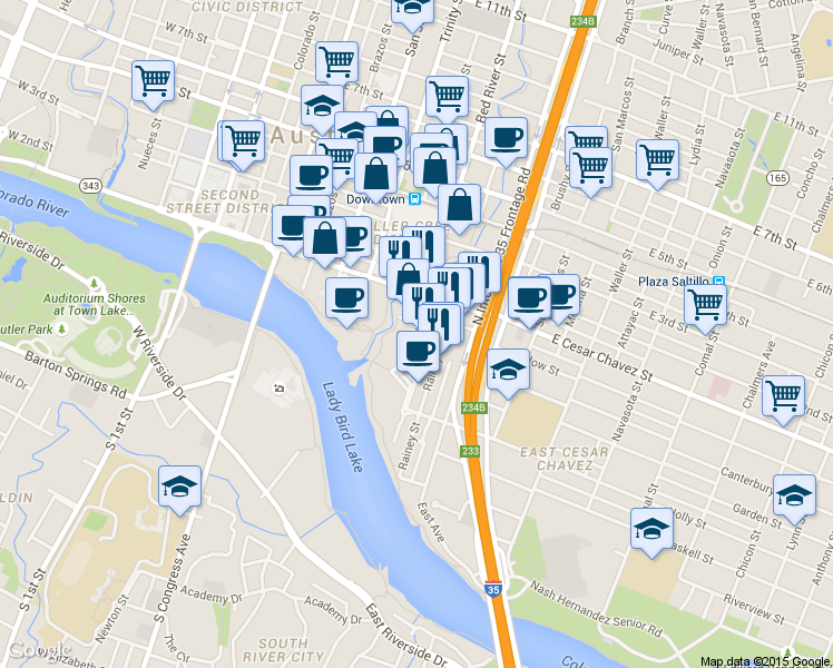 map of restaurants, bars, coffee shops, grocery stores, and more near 35 Red River Street in Austin