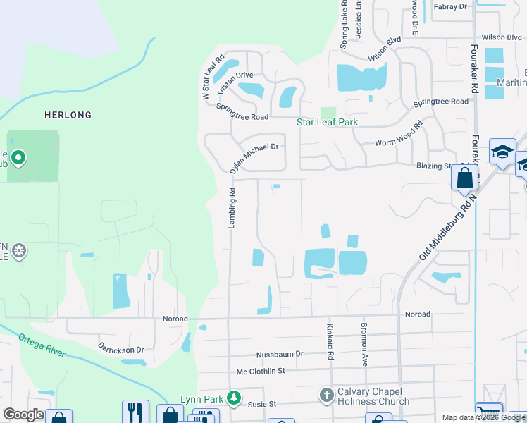 map of restaurants, bars, coffee shops, grocery stores, and more near 4507 Glendas Meadow Drive in Jacksonville