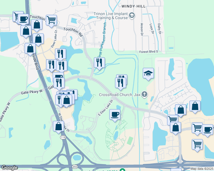 map of restaurants, bars, coffee shops, grocery stores, and more near 9825 Gate Parkway North in Jacksonville