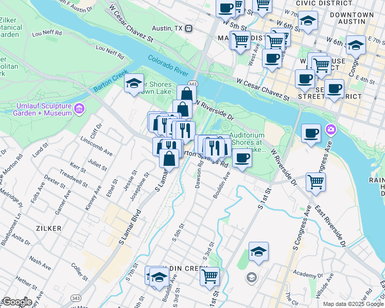 map of restaurants, bars, coffee shops, grocery stores, and more near 1155 Barton Springs Road in Austin