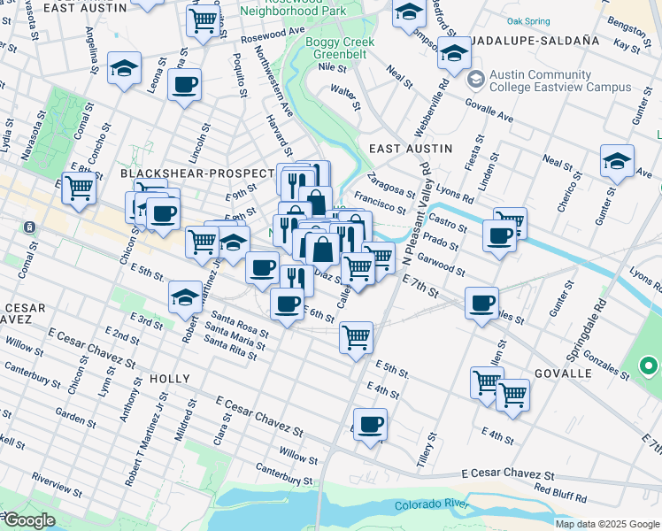 map of restaurants, bars, coffee shops, grocery stores, and more near 2510 East 7th Street in Austin