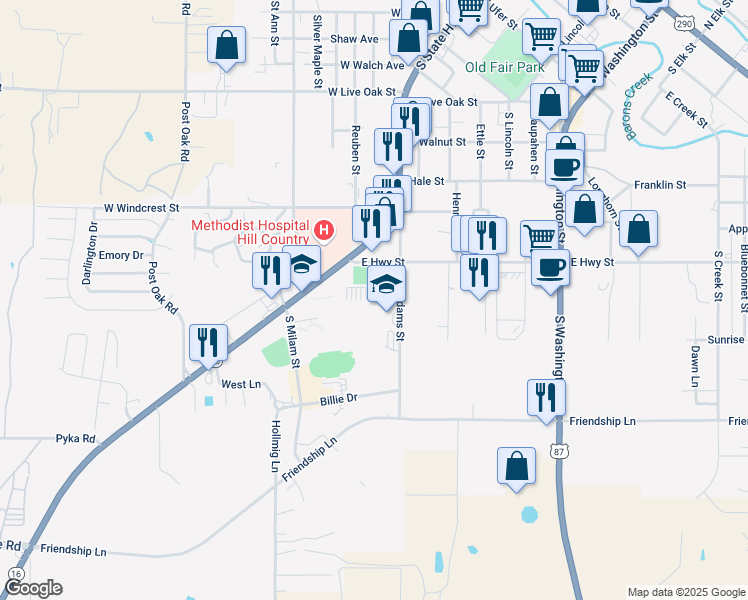 map of restaurants, bars, coffee shops, grocery stores, and more near 1110 South Adams Street in Fredericksburg