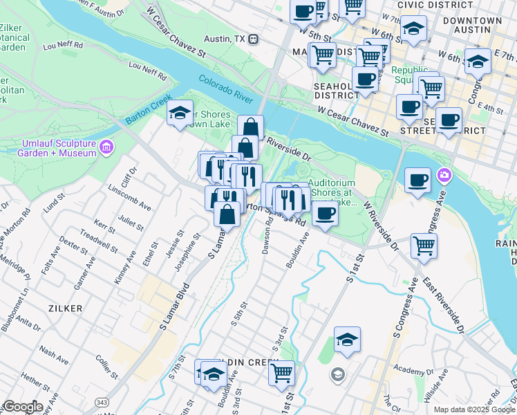 map of restaurants, bars, coffee shops, grocery stores, and more near 1155 Barton Springs Road in Austin