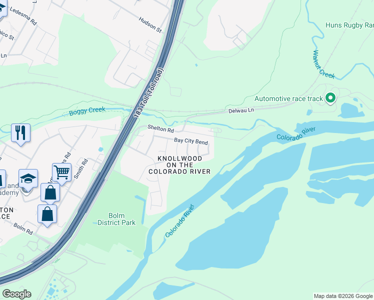 map of restaurants, bars, coffee shops, grocery stores, and more near Cottonwood Shores Drive in Austin