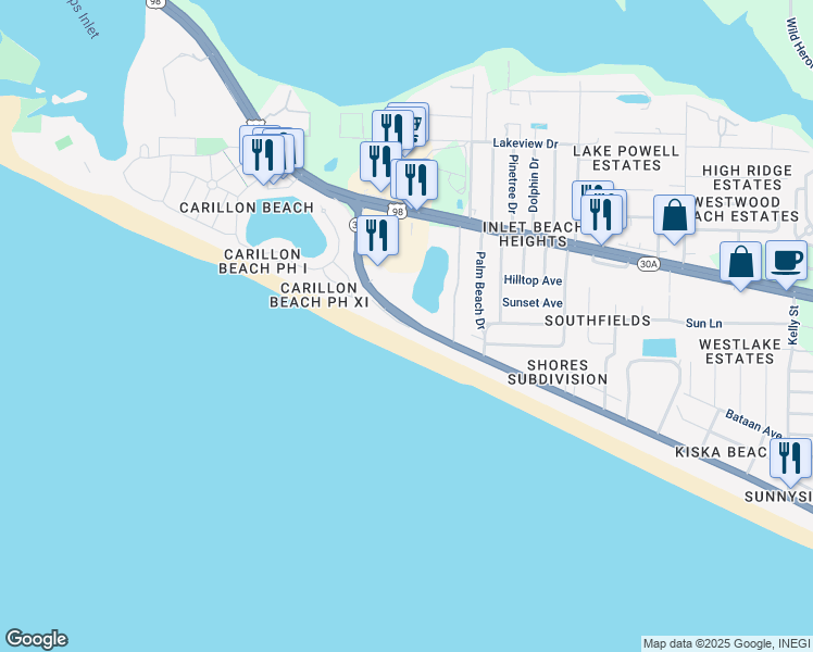 map of restaurants, bars, coffee shops, grocery stores, and more near 24429 Front Beach Road in Panama City Beach
