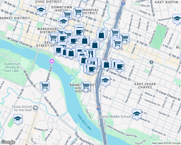 map of restaurants, bars, coffee shops, grocery stores, and more near 92 Rainey Street in Austin