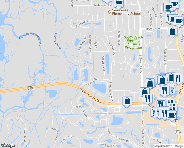 map of restaurants, bars, coffee shops, grocery stores, and more near 3447 Snowy Egret Way in Jacksonville Beach