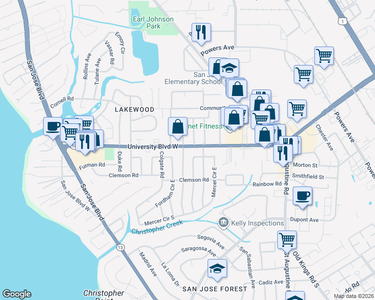 map of restaurants, bars, coffee shops, grocery stores, and more near 2415 University Boulevard West in Jacksonville