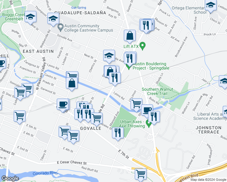 map of restaurants, bars, coffee shops, grocery stores, and more near 919 Springdale Road in Austin