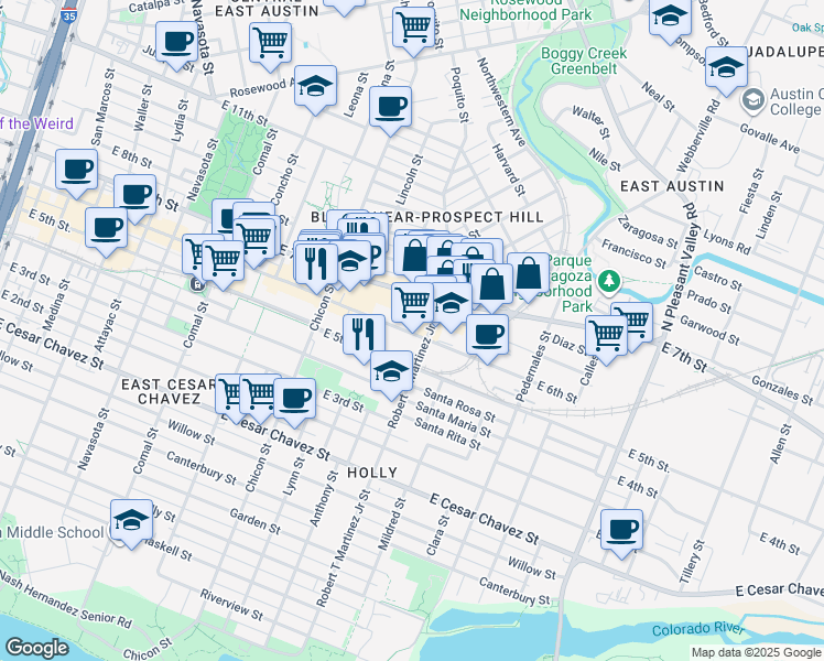 map of restaurants, bars, coffee shops, grocery stores, and more near 2124 East 6th Street in Austin