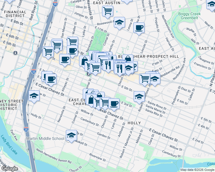 map of restaurants, bars, coffee shops, grocery stores, and more near 1700 East 4th Street in Austin