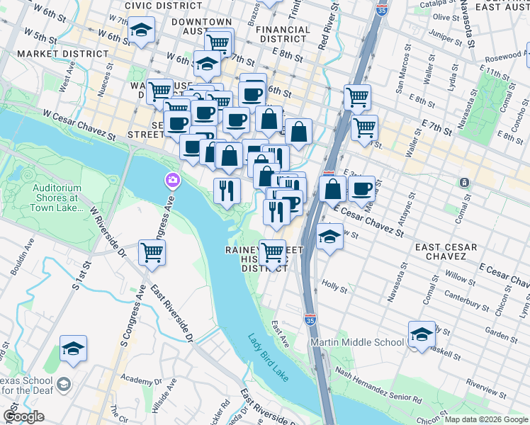 map of restaurants, bars, coffee shops, grocery stores, and more near 505 Willow Street in Austin