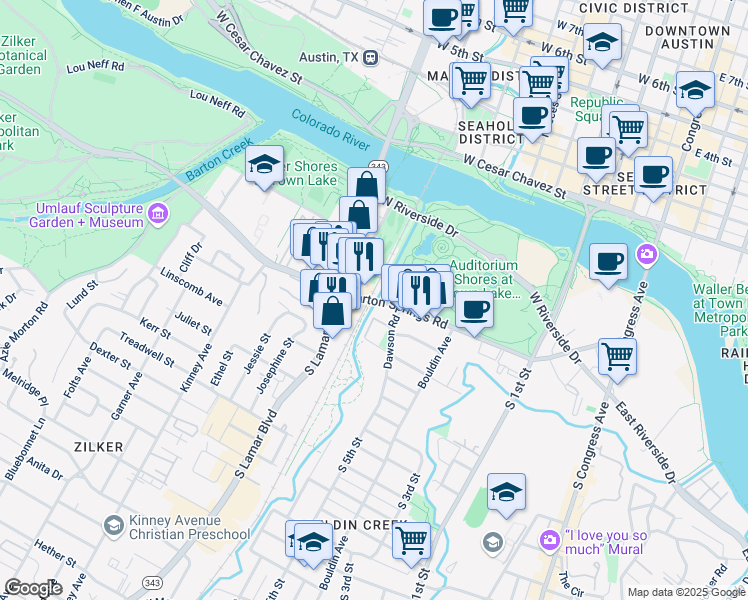 map of restaurants, bars, coffee shops, grocery stores, and more near 1210 Barton Springs Road in Austin