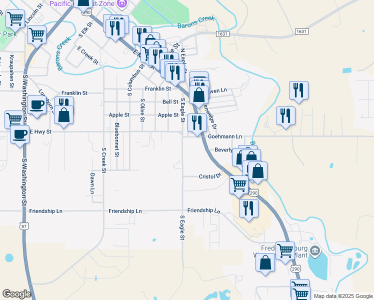 map of restaurants, bars, coffee shops, grocery stores, and more near 1003 East Highway Street in Fredericksburg