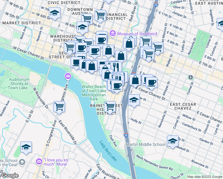 map of restaurants, bars, coffee shops, grocery stores, and more near 604 Driskill Street in Austin