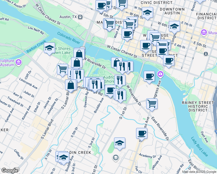 map of restaurants, bars, coffee shops, grocery stores, and more near 900 Barton Springs Road in Austin