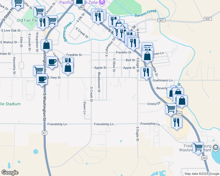 map of restaurants, bars, coffee shops, grocery stores, and more near 607 South Columbus Street in Fredericksburg