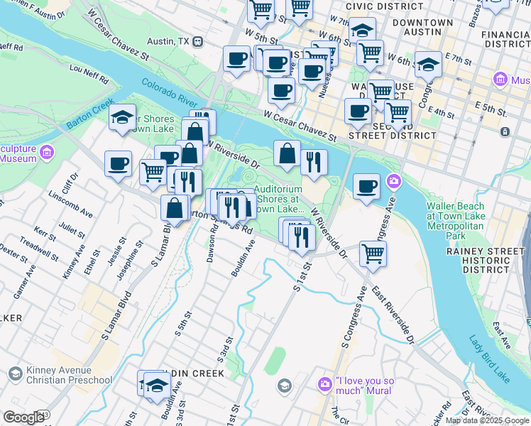map of restaurants, bars, coffee shops, grocery stores, and more near 900 Barton Springs Road in Austin