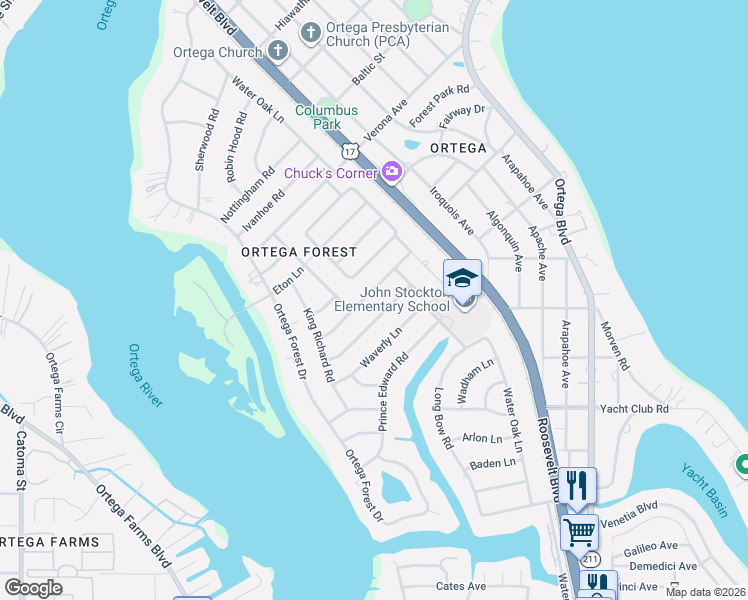 map of restaurants, bars, coffee shops, grocery stores, and more near 4658 Avon Lane in Jacksonville