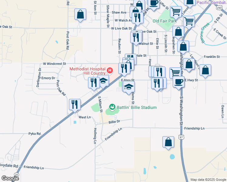 map of restaurants, bars, coffee shops, grocery stores, and more near 483 East Grand Oaks Drive in Fredericksburg