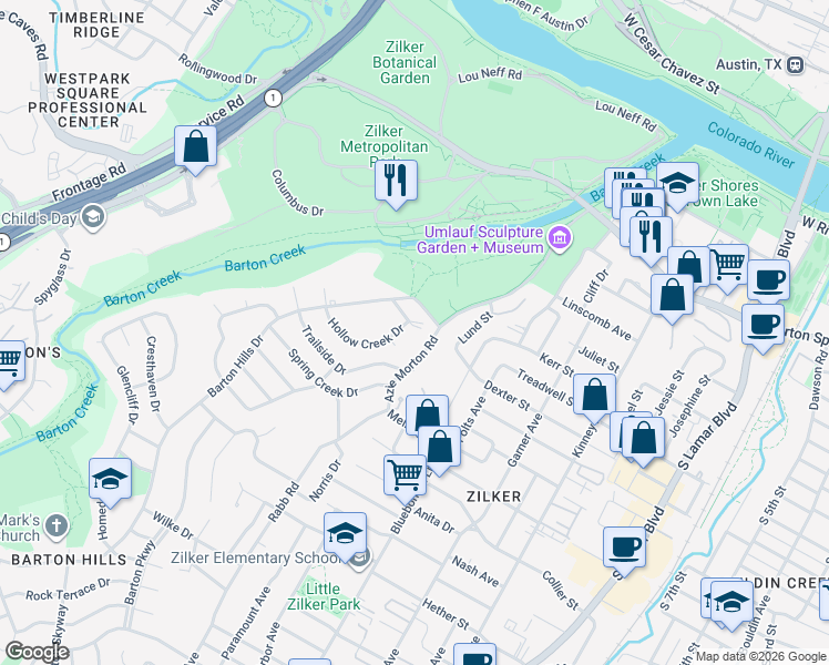 map of restaurants, bars, coffee shops, grocery stores, and more near 1117 Hollow Creek Drive in Austin
