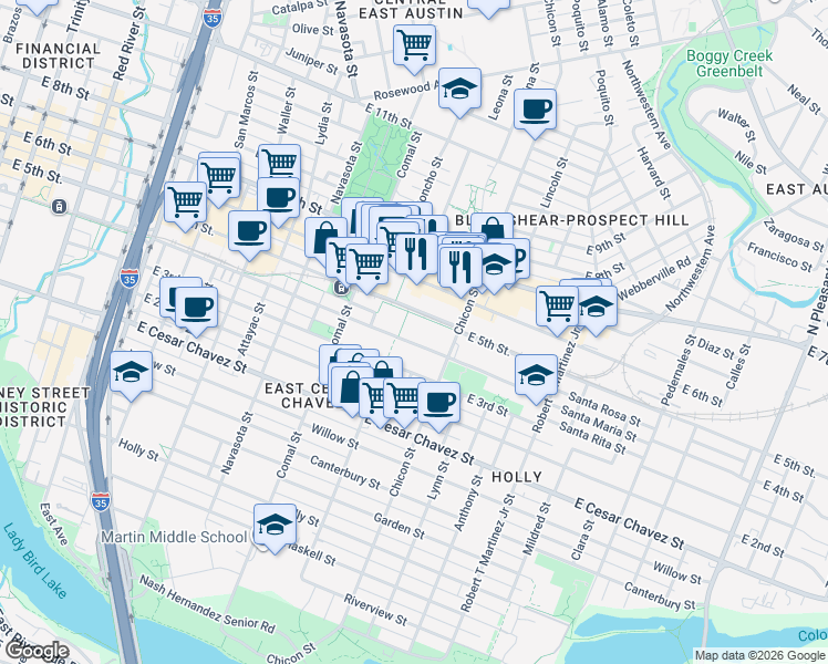map of restaurants, bars, coffee shops, grocery stores, and more near 1700 East 4th Street in Austin