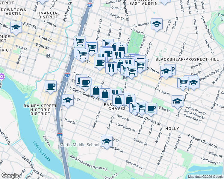 map of restaurants, bars, coffee shops, grocery stores, and more near 1400 East 3rd Street in Austin