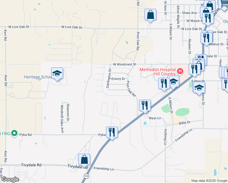 map of restaurants, bars, coffee shops, grocery stores, and more near 712 Darlington Drive in Fredericksburg