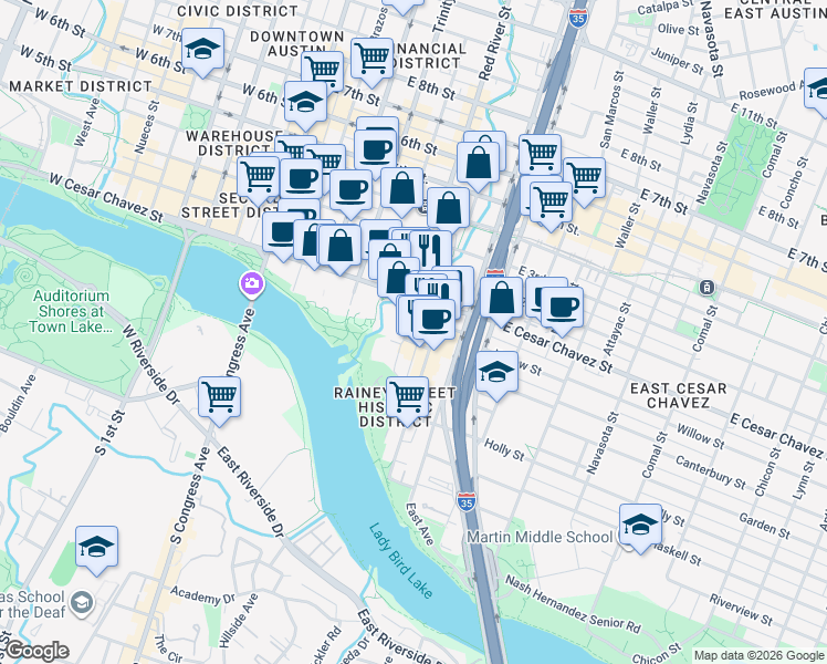 map of restaurants, bars, coffee shops, grocery stores, and more near 604 Driskill Street in Austin