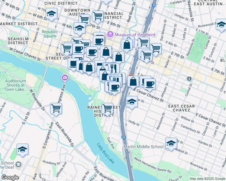 map of restaurants, bars, coffee shops, grocery stores, and more near 94 Rainey Street in Austin