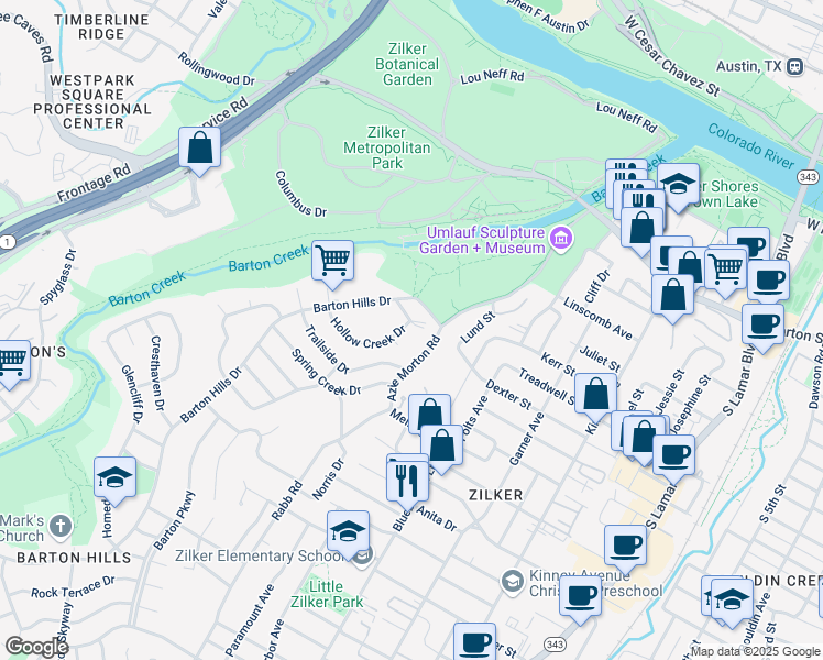 map of restaurants, bars, coffee shops, grocery stores, and more near 1117 Hollow Creek Drive in Austin