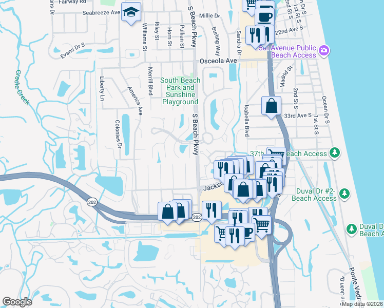 map of restaurants, bars, coffee shops, grocery stores, and more near 3567 Trident Court in Jacksonville Beach