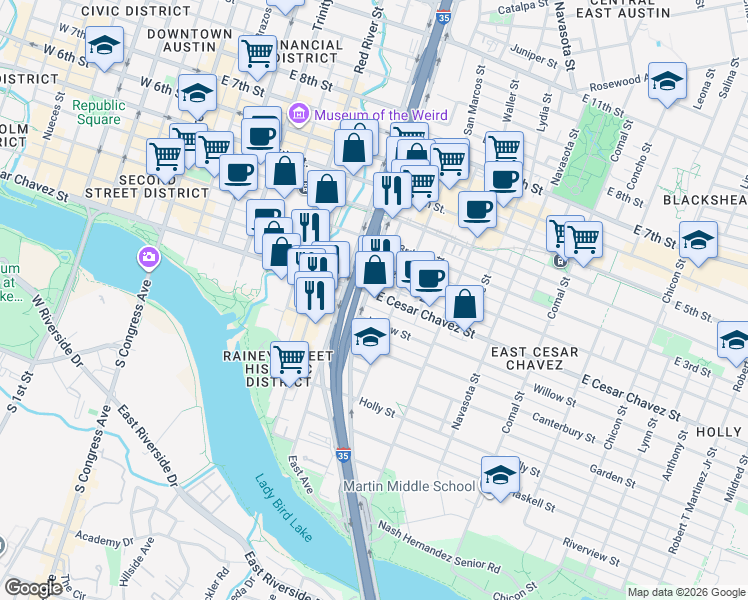 map of restaurants, bars, coffee shops, grocery stores, and more near 899 East Cesar Chavez Street in Austin