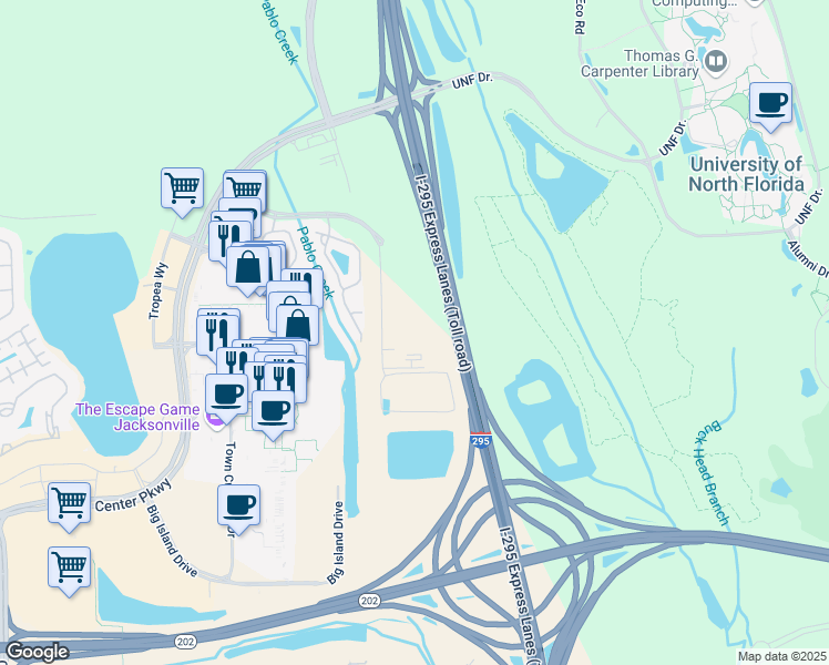 map of restaurants, bars, coffee shops, grocery stores, and more near 10595 Brightman Boulevard in Jacksonville