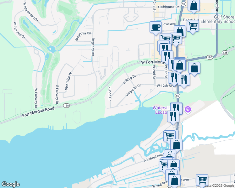 map of restaurants, bars, coffee shops, grocery stores, and more near 429 Hilltop Drive in Gulf Shores