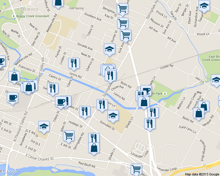 map of restaurants, bars, coffee shops, grocery stores, and more near 919 Springdale Road in Austin