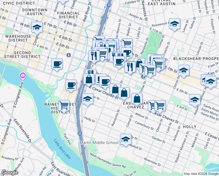 map of restaurants, bars, coffee shops, grocery stores, and more near 1106 East 2nd Street in Austin