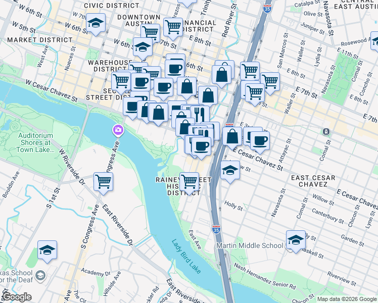 map of restaurants, bars, coffee shops, grocery stores, and more near 604 Driskill Street in Austin