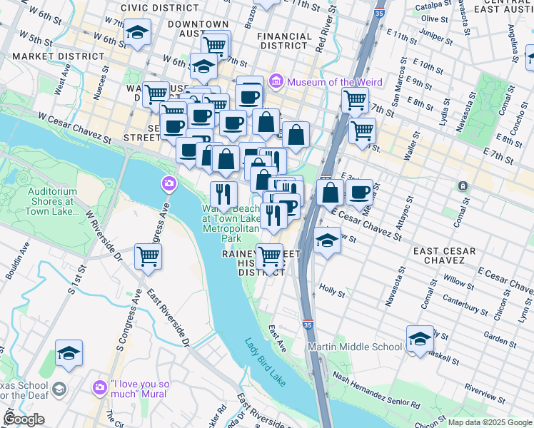map of restaurants, bars, coffee shops, grocery stores, and more near 505 Willow Street in Austin