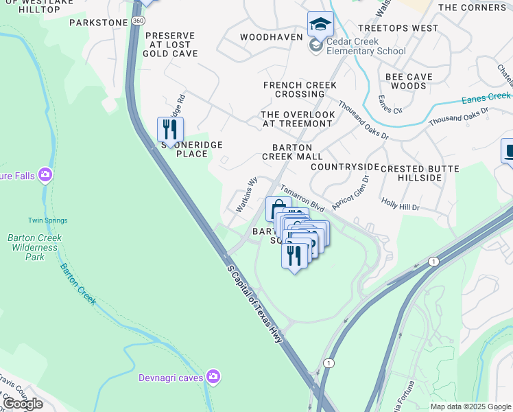 map of restaurants, bars, coffee shops, grocery stores, and more near 2500 Walsh Tarlton Lane in Austin