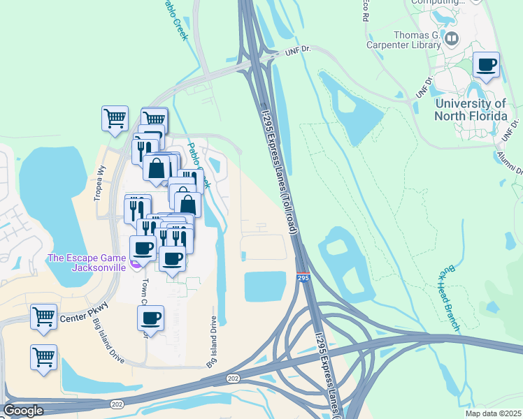 map of restaurants, bars, coffee shops, grocery stores, and more near 10595 Brightman Boulevard in Jacksonville