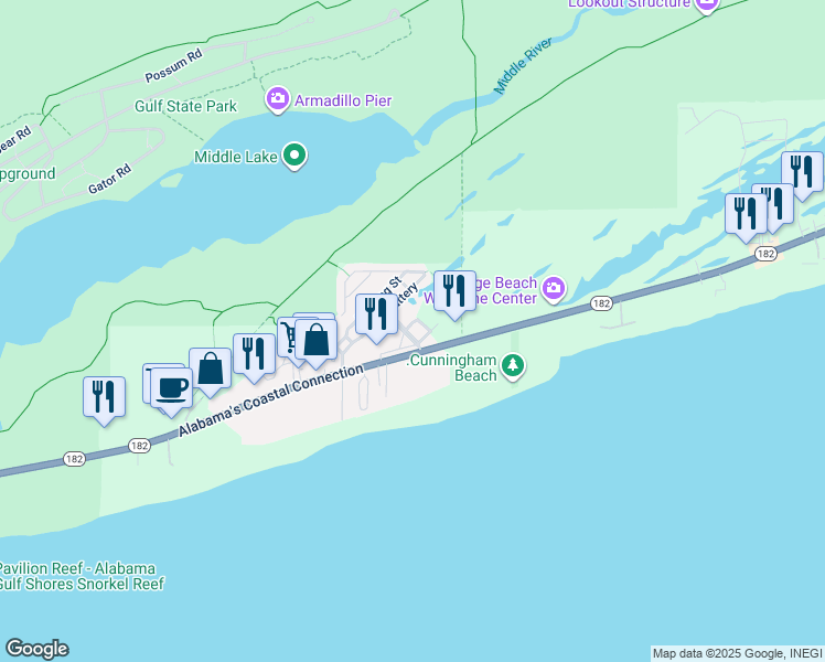 map of restaurants, bars, coffee shops, grocery stores, and more near 28 Market St in Orange Beach