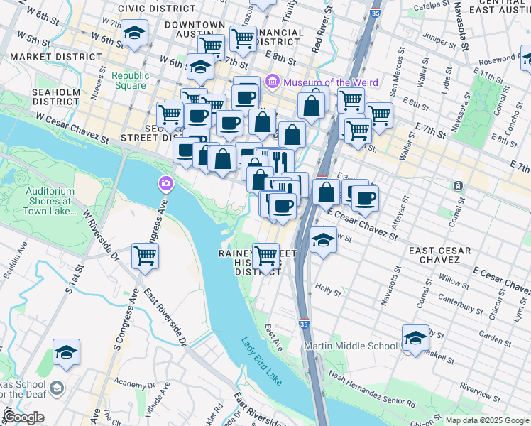 map of restaurants, bars, coffee shops, grocery stores, and more near 604 Driskill Street in Austin